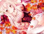  1girl autumn_leaves blonde_hair blush brown_eyes corset dress floral_print flower from_above hair_flower hair_ornament long_hair looking_at_viewer lying nanase_nao on_back original pink_dress ribbon solo thigh-highs twitter_username very_long_hair white_legwear zettai_ryouiki 