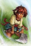  1girl ajna_(indivisible) ankle_wraps axe beads bracelet dark_skin feet grass hatchet indivisible jewelry maxa&#039; sandals shorts sitting skirt smile weapon 