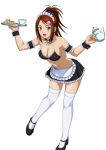  1girl bachou_mouki black_bra bra breasts brown_hair cleavage hair_ornament holding ikkitousen looking_at_viewer maid maid_headdress navel open_mouth sideboob simple_background solo thigh-highs underwear white_background white_legwear yellow_eyes 
