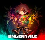 androgynous artist_name black_sclera blood bloody_knife bloody_weapon brown_hair chara_(undertale) copyright_name dual_persona fiery_wings frisk_(undertale) heart knife one_eye_closed red_eyes shirt shorts split_theme spoilers striped striped_shirt sueyen tagme undertale weapon 