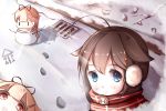  2girls black_ribbon blonde_hair blue_eyes brown_hair closed_mouth commentary_request earmuffs hair_flaps hair_ornament hair_ribbon hairclip kantai_collection kotori_photobomb long_hair multiple_girls pxlily red_eyes remodel_(kantai_collection) ribbon scarf shigure_(kantai_collection) smile snow winter yuudachi_(kantai_collection) |_| 