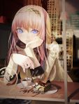  1girl 2016 bangs blue_eyes building cafe city coffee cup glass hairband hand_on_own_face head_rest highres holding holding_spoon long_hair long_sleeves looking_away looking_to_the_side megurine_luka okingjo parted_lips pink_hair plate reflection shade signature slice_of_cake solo spoon table transparent vocaloid window 