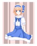  1girl alice_margatroid alice_margatroid_(pc-98) ascot blonde_hair blue_dress blue_eyes blush dress full_body hairband nanatuki13 open_mouth pantyhose short_hair sitting touhou touhou_(pc-98) white_legwear 