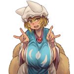  1girl bangs blonde_hair breasts chanta_(ayatakaoisii) cowboy_shot dress fang fox_tail hand_gesture hat head_tilt hips huge_breasts long_sleeves looking_to_the_side multiple_tails open_mouth pillow_hat short_hair simple_background solo tabard tail teeth tongue touhou white_background white_dress wide_sleeves yakumo_ran yellow_eyes 