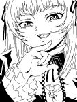  1girl bangs kasanui laughing long_hair looking_at_viewer lowres monochrome rozen_maiden solo suigintou 