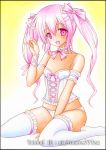  1girl :d armband bare_shoulders black_border border bow choker color_ink_(medium) hair_between_eyes hair_bow nightmare77zx open_mouth original panties pink_eyes sitting smile solo thigh-highs traditional_media twintails underwear wariza white_panties 