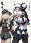 2girls ;o bismarck_(kantai_collection) black_gloves black_legwear blonde_hair blue_eyes blush breasts brown_gloves commentary_request gloves graf_zeppelin_(kantai_collection) hat hat_tip iron_cross iwasaki_takashi kantai_collection large_breasts long_hair military military_hat military_uniform miniskirt multiple_girls one_eye_closed pantyhose peaked_cap pleated_skirt sideboob simple_background skirt translated twintails uniform white_background 