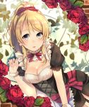  1girl alternate_costume apron ayase_eli black_dress blonde_hair blue_eyes breasts cleavage dress earrings enmaided floral_background flower gradient_eyes highres jewelry lips looking_at_viewer love_live!_school_idol_project maid miu91_(miu91_) multicolored_eyes neck_ribbon open_mouth ponytail puffy_short_sleeves puffy_sleeves red_rose ribbon rose scrunchie short_dress short_sleeves solo waist_apron yellow_eyes 