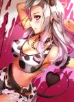  1girl absurdres blue_eyes blush breasts cleavage covered_nipples cow_print earrings fairy_tail highres horns jewelry long_hair looking_at_viewer mfinale midriff mirajane_strauss navel parted_lips silver_hair solo tail 