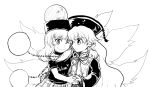  2girls arm_over_shoulder bare_shoulders chain chinese_clothes clothes_writing collar dress hat hecatia_lapislazuli junko_(touhou) long_hair long_sleeves monochrome multiple_girls one_eye_closed shirt skirt smile t-shirt tabard tako_(plastic_protein) touhou very_long_hair wide_sleeves 