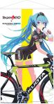  1girl ad artist_request bicycle_chain bikesuit black_gloves blue_eyes blue_hair bottle drinking fingerless_gloves gloves hatsune_miku helmet highres leaning_forward long_hair looking_at_viewer road_bicycle short_sleeves solo spokes standing very_long_hair vocaloid water_bottle 