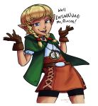  1girl bike_shorts blonde_hair blue_eyes braid brown_gloves capelet choker compass english female flat_chest gem gloves ian_samson linkle meme pointy_ears shorts_under_skirt shrug skirt solo the_legend_of_zelda twin_braids zelda_musou 