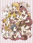  aino_minako armband bare_shoulders bead_bracelet bishoujo_senshi_sailor_moon blonde_hair blue_eyes blue_hair brown_hair corset crown double_bun dress earrings flower green_eyes grey_dress hair_flower hair_ornament hair_ribbon hat hino_rei jewelry kino_makoto lily_(flower) long_hair mini_crown mini_top_hat mizuno_ami necklace pearl_necklace pink_eyes ribbon sarashina_kau short_hair striped striped_background top_hat tsukino_usagi twintails very_long_hair wrist_cuffs 