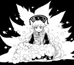  1girl bubble chinese_clothes dress hat junko_(touhou) long_hair long_sleeves monochrome ribbon sash solo tabard tako_(plastic_protein) touhou very_long_hair washing wide_sleeves 