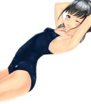  1girl ;o armpits arms_up bangs bare_arms black_hair blue_eyes blunt_bangs blush breasts competition_swimsuit from_side kabocha_head looking_at_viewer one-piece_swimsuit one_eye_closed open_mouth original school_swimsuit short_hair sideboob simple_background skin_tight small_breasts solo swimsuit white_background 