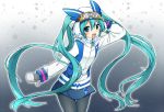  1girl :d arm_up black_legwear blue_eyes blue_hair blue_skirt blush coat gloves goggles goggles_on_head gradient gradient_background hair_between_eyes hand_behind_head hat hatsune_miku long_hair long_sleeves open_mouth pantyhose scarf skirt smile snowflakes snowing solo standing sudachi_(calendar) thigh_gap twintails very_long_hair vocaloid white_gloves winter_clothes winter_coat yuki_miku 