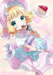  1girl aqua_eyes bangs blonde_hair bonnet cake commentary_request crepe cup dress food frills fruit gochuumon_wa_usagi_desu_ka? highres kirima_sharo lolita_fashion looking_at_viewer neki_(wakiko) pantyhose pink_legwear ribbon short_hair smile solo strawberry sweet_lolita teacup tippy_(gochuumon_wa_usagi_desuka?) twitter_username wrist_cuffs 