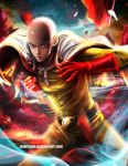  1boy bald bodysuit cape chromatic_aberration clenched_hand feathers gloves grey_eyes highres jenny_mun male_focus onepunch_man red_gloves saitama_(onepunch_man) serious solo watermark web_address 