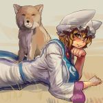  1girl blonde_hair blush breasts chanta_(ayatakaoisii) chin_rest dress fox grass hat large_breasts long_sleeves looking_at_viewer lying on_grass on_stomach pillow_hat short_hair solo tabard tibetan_sand_fox touhou white_dress yakumo_ran 