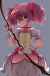  1girl bow_(weapon) bubble_skirt choker commentary_request gloves highres kaname_madoka looking_at_viewer magical_girl mahou_shoujo_madoka_magica pink_eyes pink_hair ribbon shaded_face short_hair short_twintails skirt smile solo takamado2130 twintails weapon white_gloves 