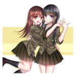  2girls black_hair braid brown_eyes brown_hair grin kantai_collection kitakami_(kantai_collection) long_hair meaomao multiple_girls ooi_(kantai_collection) open_mouth school_uniform serafuku skirt smile v violet_eyes 