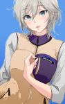  1girl 71 anastasia_(idolmaster) blue_eyes blush earrings idolmaster idolmaster_cinderella_girls jewelry looking_at_viewer open_mouth product_placement short_hair silver_hair smile solo 
