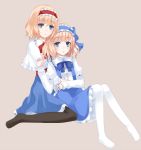  2girls alice_margatroid alice_margatroid_(pc-98) ascot black_legwear blonde_hair blue_dress blue_eyes blush capelet dress full_body hairband hug hug_from_behind multiple_girls nanatuki13 open_mouth pantyhose sash short_hair sitting smile touhou touhou_(pc-98) white_legwear 