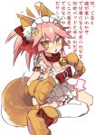  1girl animal_ears apron bow caster_(fate/extra) fate/grand_order fate_(series) fox_ears fox_tail gloves hair_bow maid_headdress naked_apron paw_gloves pink_hair ponytail solo tail tamamo_cat_(fate/grand_order) translation_request ulogbe 