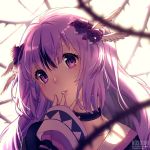  1girl :d artist_name blush choker close-up collarbone face finger_to_mouth flower hair_flower hair_ornament head_wings long_hair long_sleeves open_mouth parted_lips purple_hair purple_rose rose rosuuri smile solo thorns upper_body violet_eyes watermark web_address 