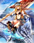  1girl akiwalking armored_boots blonde_hair chain choker detached_sleeves dragon earrings elf full_body hat jewelry long_hair navel pointy_ears polearm red_eyes sitting sky smile solo spear thigh-highs weapon 