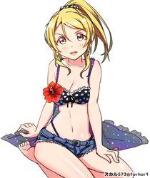  1girl artist_name ayase_eli barefoot bikini blonde_hair blue_eyes breasts cleavage denim denim_shorts flower front-tie_top hair_ornament hair_scrunchie hibiscus looking_at_viewer love_live!_school_idol_project midriff navel ponytail scrunchie seiza short_shorts shorts simple_background sitting solo sukaru573 swimsuit twitter_username white_background 