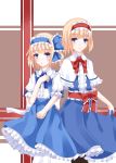  2girls alice_margatroid alice_margatroid_(pc-98) ascot blonde_hair blue_dress blue_eyes blush capelet dress hairband multiple_girls nanatuki13 open_mouth pantyhose sash short_hair smile touhou touhou_(pc-98) white_legwear 