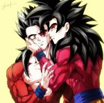  2boys black_hair closed_eyes dragon_ball dragon_ball_gt dragon_ball_heroes father_and_son hug kim_yura_(goddess_mechanic) male_focus multiple_boys muscle one_eye_closed signature son_gohan son_gokuu super_saiyan_4 sweatdrop wristband yellow_eyes 