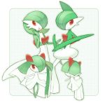  floating gallade gardevoir green_hair hair_over_eyes hand_in_hair kirlia midori_maccha no_humans open_mouth outstretched_arms pokemon pokemon_(creature) ralts red_eyes simple_background smile 