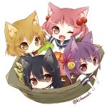  3girls :3 ;d \o/ ahoge akebono_(kantai_collection) animal_ears arms_up bell black_hair brown_eyes cat_ears chibi crab fang food frown hair_bell hair_bobbles hair_ornament in_container kantai_collection kidamochi light_brown_hair long_hair looking_at_viewer multiple_girls neko_nabe oboro_(kantai_collection) one_eye_closed open_mouth outstretched_arms pink_eyes pink_hair pot purple_hair sazanami_(kantai_collection) school_uniform short_hair side_ponytail smile twintails twitter_username ushio_(kantai_collection) violet_eyes 
