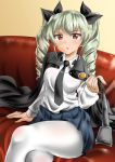  &gt;:o :o anchovy black_cape black_necktie black_ribbon blue_skirt blush brooch buckle collared_shirt crossed_arms drill_hair eyebrows eyebrows_visible_through_hair gem girls_und_panzer green_hair hair_between_eyes hair_ribbon holding jewelry kasugano_tobari long_sleeves looking_at_viewer pantyhose parted_lips pleated_skirt pointer red_eyes ribbon shirt simple_background skirt tsurime twin_drills twintails white_legwear white_shirt yellow_background 