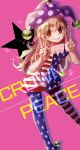  1girl absurdres american_flag_legwear american_flag_shirt blonde_hair clownpiece double_v english fairy_wings grin hair_between_eyes hat highres jester_cap long_hair looking_at_viewer pantyhose red_eyes shadow smile solo sparkle star tamago_tyoko_(ijen0703) touhou v very_long_hair wings 