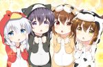  4girls akatsuki_(kantai_collection) alternate_costume alternate_hairstyle animal_costume bell_(oppore_coppore) bird_costume blue_eyes brown_eyes brown_hair cat_costume commentary_request cow_costume fang hibiki_(kantai_collection) hooded ikazuchi_(kantai_collection) inazuma_(kantai_collection) kantai_collection long_hair long_sleeves multiple_girls open_mouth pom_pom_(clothes) purple_hair silver_hair sparkle_background tiger_costume tiger_print violet_eyes 