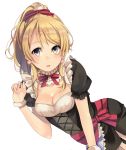  1girl alternate_costume apron ayase_eli black_dress blonde_hair blue_eyes breasts cleavage dress earrings enmaided gradient_eyes highres jewelry lips looking_at_viewer love_live!_school_idol_project maid miu91_(miu91_) multicolored_eyes neck_ribbon open_mouth ponytail puffy_short_sleeves puffy_sleeves ribbon scrunchie short_dress short_sleeves simple_background solo waist_apron white_background yellow_eyes 