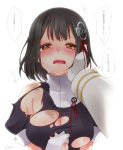  1girl admiral_(kantai_collection) black_hair blush breasts brown_eyes commentary_request crying crying_with_eyes_open haguro_(kantai_collection) hair_ornament hand_on_another&#039;s_cheek hand_on_another&#039;s_face hand_on_another&#039;s_head hands_on_own_chest hands_together kantai_collection large_breasts open_mouth short_hair simple_background tears torn_clothes translation_request upper_body white_background yukian 