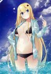  1girl absurdres artist_request bikini black_bikini blonde_hair blue_eyes blue_sky breasts cleavage front-tie_top hair_ornament hand_on_hip highres hooded_jacket jacket long_hair navel ocean open_clothes open_jacket outdoors scan sky smile solo swimsuit untied untied_bikini very_long_hair wading wet 