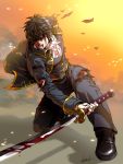  1boy black_hair blood blood_from_mouth blood_on_face foreshortening full_body gintama hair_over_one_eye hijikata_toushirou holding_sword holding_weapon katana kim_yura_(goddess_mechanic) kneeling male_focus open_mouth shadow signature solo sword torn_clothes weapon 