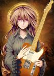  1girl 440 brown_hair dress electric_guitar guitar halo instrument long_hair looking_at_viewer low-tied_long_hair original red_eyes smile solo telecaster 