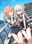  2girls :d ^_^ ahoge bare_arms beize_(garbage) blonde_hair blue_sky blush closed_eyes collarbone dutch_angle green_eyes hair_between_eyes hairband handrail highres i-58_(kantai_collection) interlocked_arms japanese_flag kantai_collection laughing lighthouse long_hair multiple_girls neckerchief one-piece_swimsuit open_mouth orange_hair sailor_collar school_swimsuit school_uniform serafuku shirt short_hair short_sleeves sky sleeveless sleeveless_shirt smile stairs standing sweatdrop swimsuit swimsuit_under_clothes torpedo u-511_(kantai_collection) water wavy_mouth white_shirt 