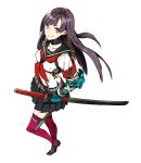  1girl 7th_dragon_(series) 7th_dragon_2020 belt black_hair full_body gauntlets katana knife long_hair looking_at_viewer miwa_shirou pleated_skirt purple_legwear samurai_(7th_dragon_2020) school_uniform serafuku sheath sheathed simple_background skirt smile solo sword thigh-highs thigh_strap violet_eyes weapon white_background 