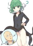  1boy 1girl ? absurdres bald bear_panties bear_print black_dress chicking covered_navel curly_hair dress dress_lift green_eyes green_hair hand_on_hip highres onepunch_man panties pantyshot print_panties saitama_(onepunch_man) short_hair speech_bubble tatsumaki translated underwear wind_lift 