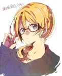  1girl ayase_eli blonde_hair blue_eyes character_name commentary earrings glasses jewelry looking_at_viewer love_live!_school_idol_project low_ponytail mope necklace older red-framed_glasses solo 