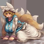 1girl blonde_hair blush breasts chanta_(ayatakaoisii) fox_tail full_body hanging_breasts hat hips huge_breasts indoors long_skirt long_sleeves looking_at_viewer multiple_tails open_mouth pillow_hat room shirt shoes short_hair skirt solo sweat tabard tail teeth thighs tongue touhou white_shirt white_shoes white_skirt yakumo_ran yellow_eyes 