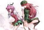  2girls bandages black_ribbon braid bun_cover chain clenched_hand double_bun dyolf expressionless green_eyes green_skirt hair_ribbon hat hong_meiling ibaraki_kasen looking_at_another multiple_girls one_leg_raised pink_hair puffy_short_sleeves puffy_sleeves red_eyes redhead ribbon short_sleeves skirt standing_on_one_leg star touhou wrist_cuffs 