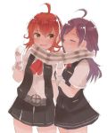  2girls :d ^_^ ahoge arashi_(kantai_collection) belt black_skirt closed_eyes cowboy_shot gloves hagikaze_(kantai_collection) horizontal_stripes itomugi-kun kantai_collection long_hair looking_at_another multiple_girls open_clothes open_mouth open_vest plaid plaid_scarf pleated_skirt purple_hair redhead scarf shared_scarf short_hair short_sleeves side_ponytail sketch skirt smile uniform vest white_gloves yellow_eyes 
